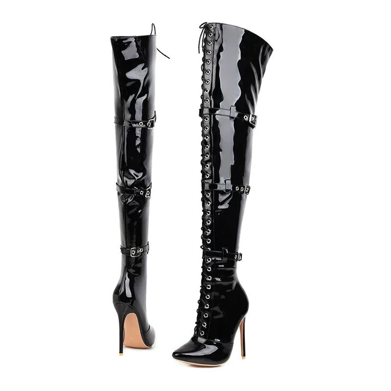 Women Sexy Cross Tied Thigh High Boots Pointed Toe Thin High Heels Over The Knee Boots Patent Leather Shoes Woman 33-46