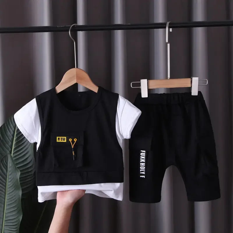 New Children Cotton Clothes Summer Kids Boys Patchwork T Shirts Shorts Pants 2Pcs/sets Infant Kids Toddler Tracksuits 0-5 Years