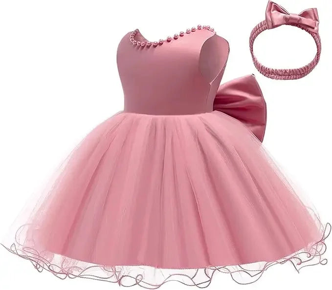 Baby Dresses For 1st Birthday Girls Party Dresses with Headwear Bowknot Toddler Girl Princess Dress Backless Kids Wedding Dress