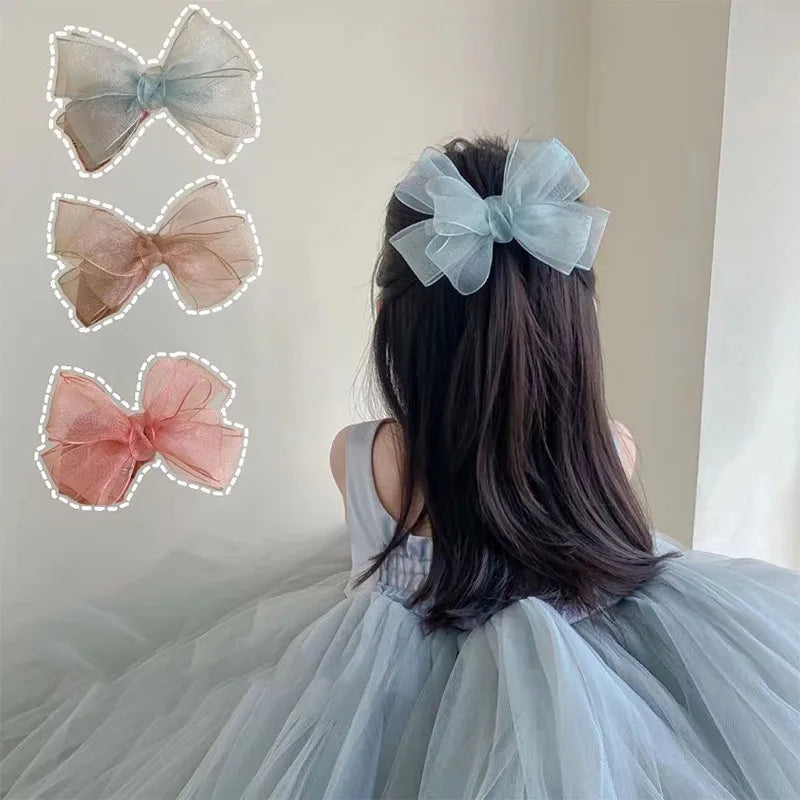 Korean Mesh Gauze Bow Baby Hairpins Fairy Princess Girl Back Head Hair Clips Top Clips Kids Headwear