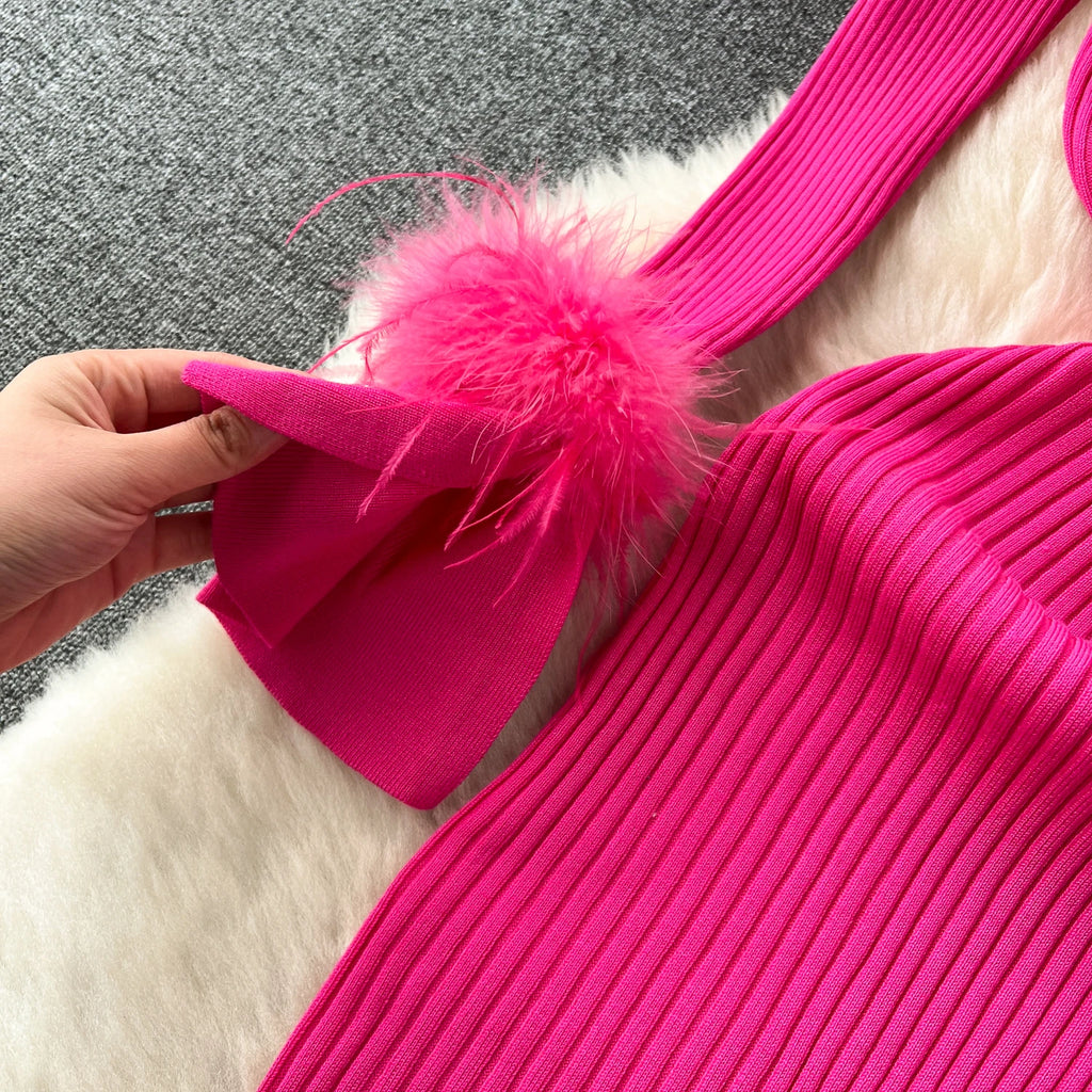 YuooMuoo Women Dress 2025 Autumn Winter Elegant Fur Long Sleeve Knitted Sweater Dress Chic Lady Wrap Hips Bodycon Long Vestidos