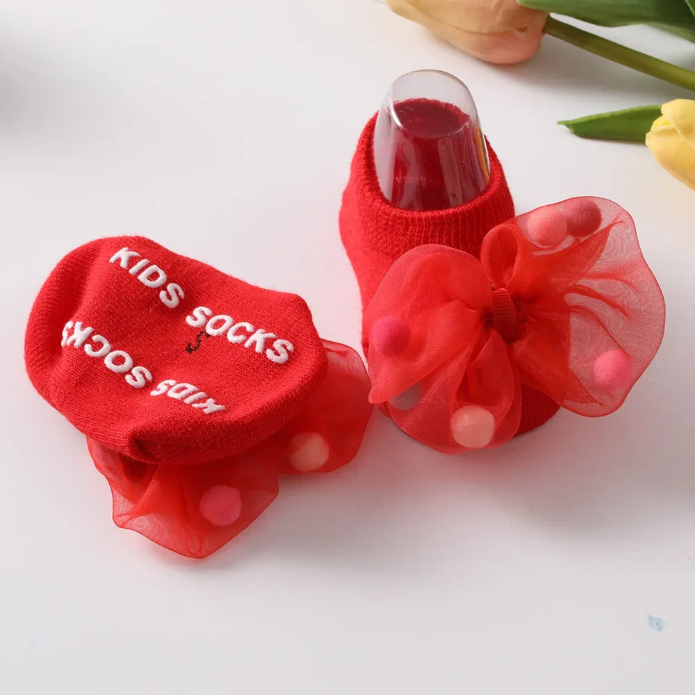 Baby Girl Home Short Socks Lace Bow Infant Anti Slip Trampoline Socks Newborn Princess Ankle Socks Children Floor Shoes