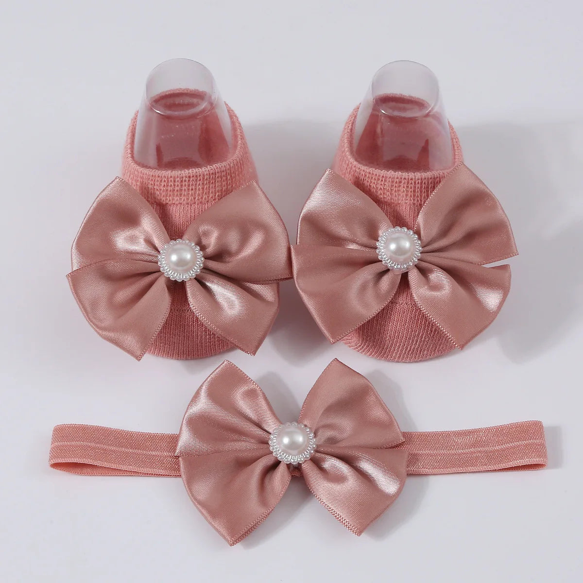1Set New Baby Pearl Bowknot Headbands Socks Newborn Toddler Soft Prewalker Sock Girl Infant Cute Knitted Cotton Hairband Socks