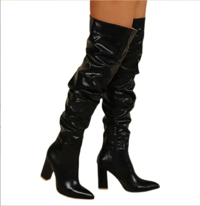 Sexy High Quality Pleated cowhide Leather Motorcycle Over The Knee Boots Women Fashion Pointed Toe Thigh High Lady Shoes Large