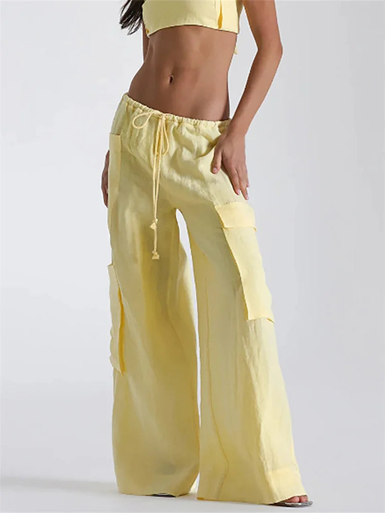 Women's Loose Cargo Pants Solid Color Drawstring Wide Leg Trousers with Pockets Casual Sweatpants Streetwear