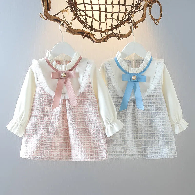 Long Sleeved Baby Girl Dress With Spring And Autumn Bow Lace Splicing Small Plaid Sweet Long Sleeved Dress