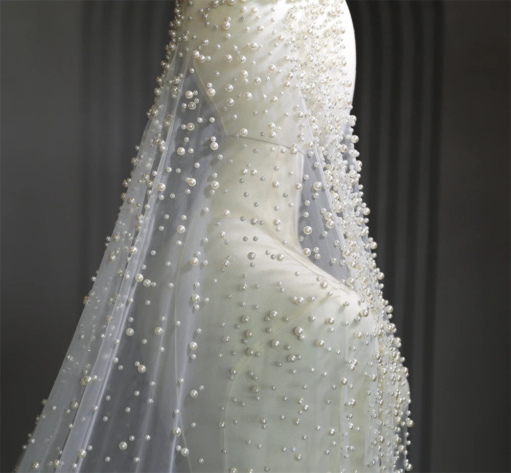 1Tier Wedding Veil With Pearls Long Luxury Bridal Veil with Comb Scattered Dense Pearls Cascading Mantilla Cathedral Custom Veil