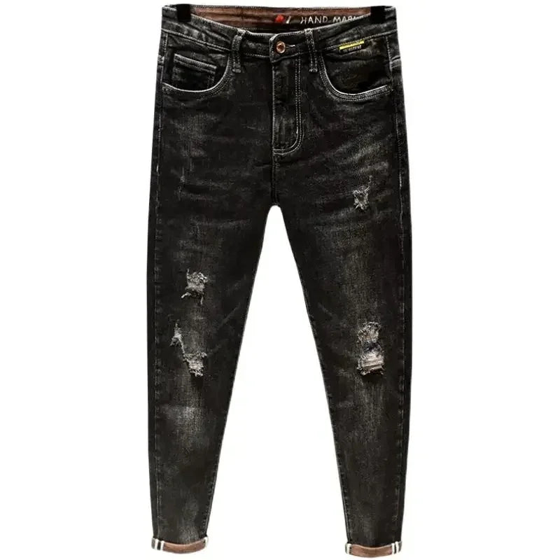 Trousers with Holes Skinny Tight Pipe Men's Jeans Black Broken Man Cowboy Pants Torn Ripped Slim Fit Designer Spring Autumn Xs
