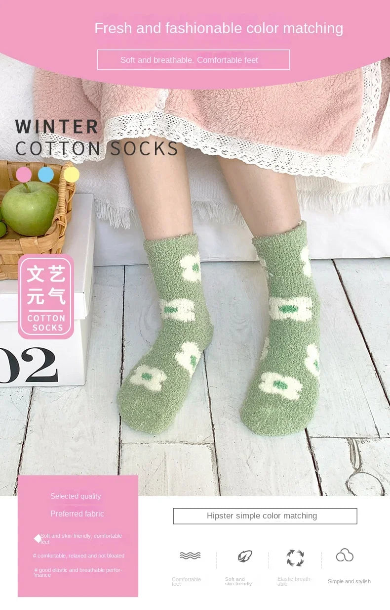 Japanese Kawaii Cute Socks Autumn Winter Thicken Warm Soft Plush Women Socks Coral Fleece Thermal Homewear Floor Sleeping Socks