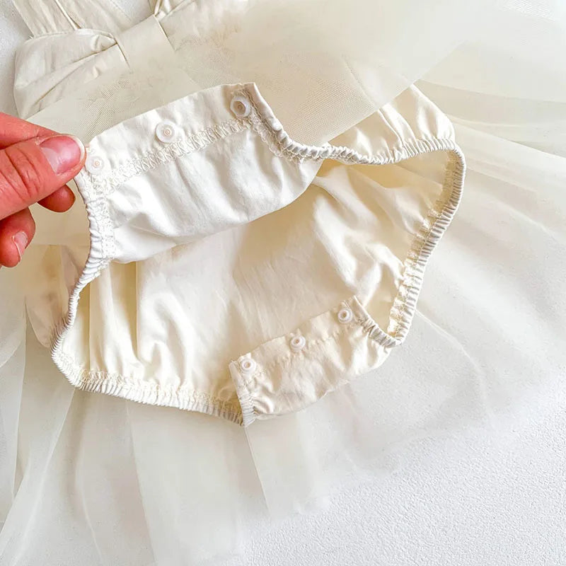 2024 New Summer Baby Tutu Dress Big Bow Birthday Clothes for Newborn Toddler Suspenders Gauze Bodysuit for Girls