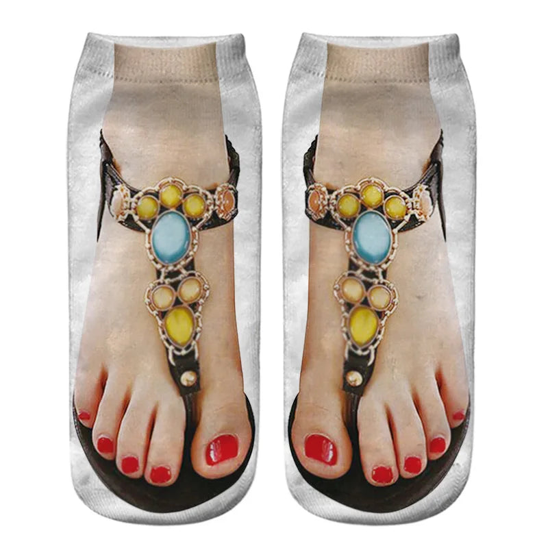 Funny 3D Printed Socks Flip Flops Slippers Sandals Skull Shoe Pattern Summer Cute Kawaii Low Short Soft  Ankle Beach Floor Socks