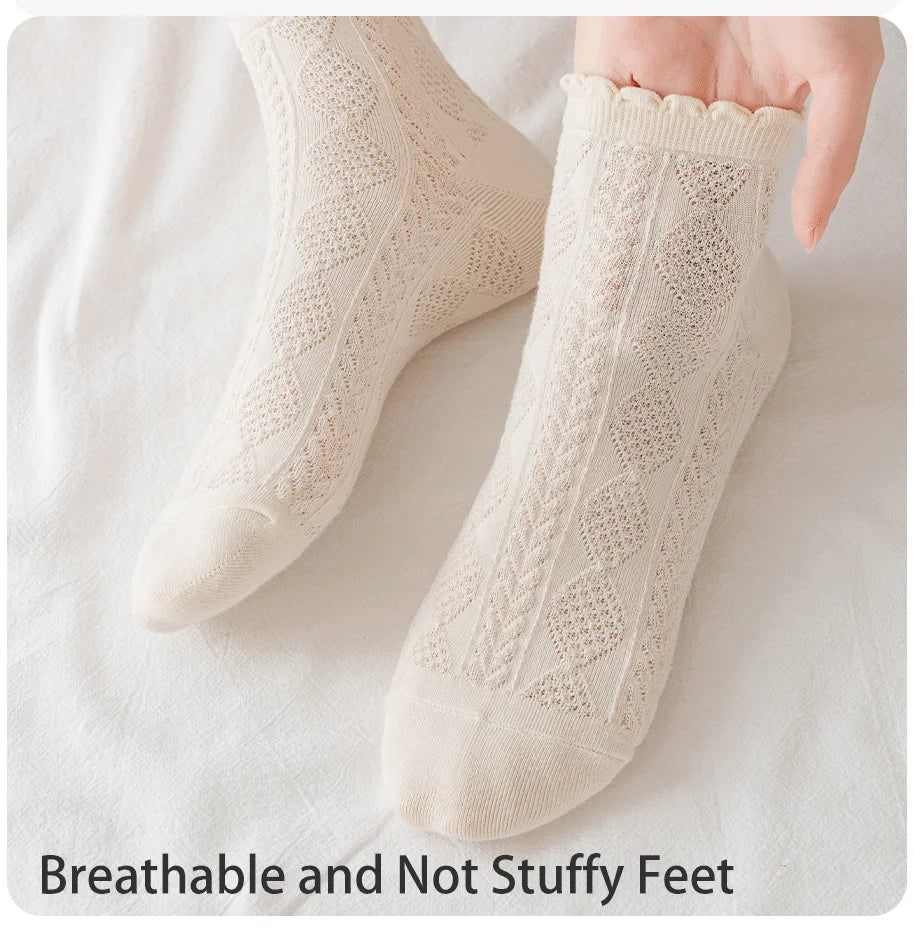 6 Pair Women Is Summer Thin Gradient Solid Cotton Simple Sweet Cute Socks Comfortable Wood Ear Edge Lolita Fashion Wear