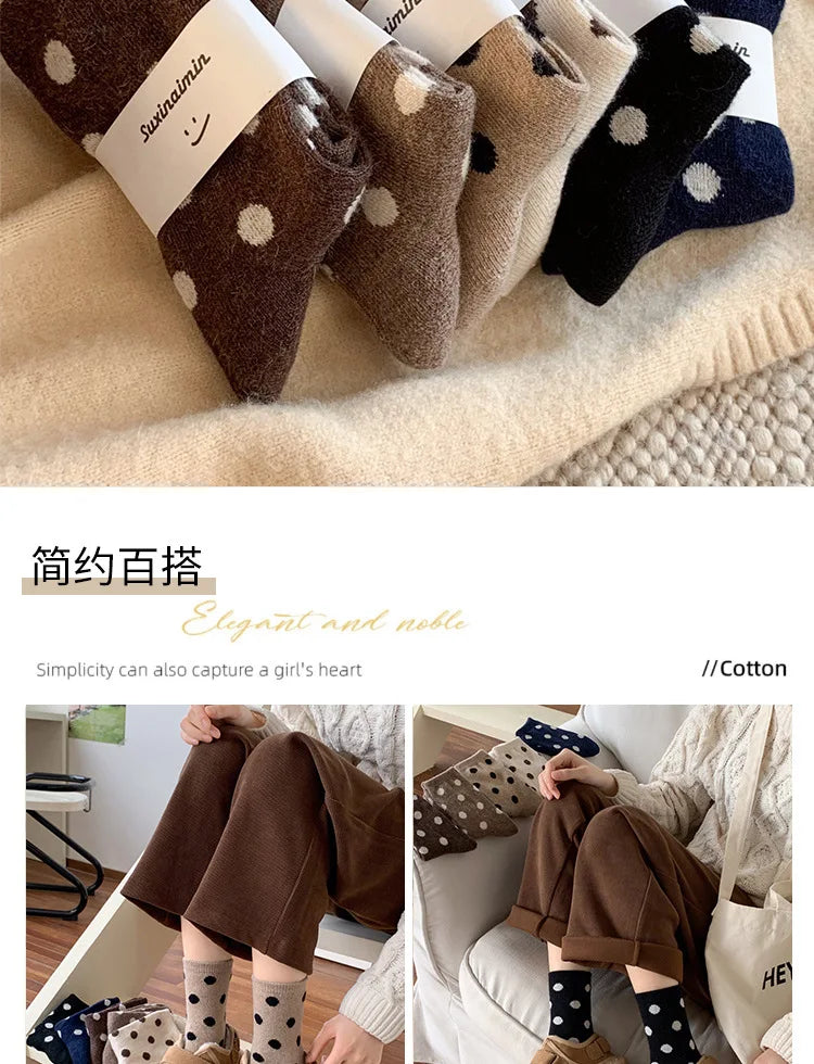 Socks for Women Autumn Winter Thick Warm with Polka Dot Black Maillard Velvet Coffee Mid-tube Socks