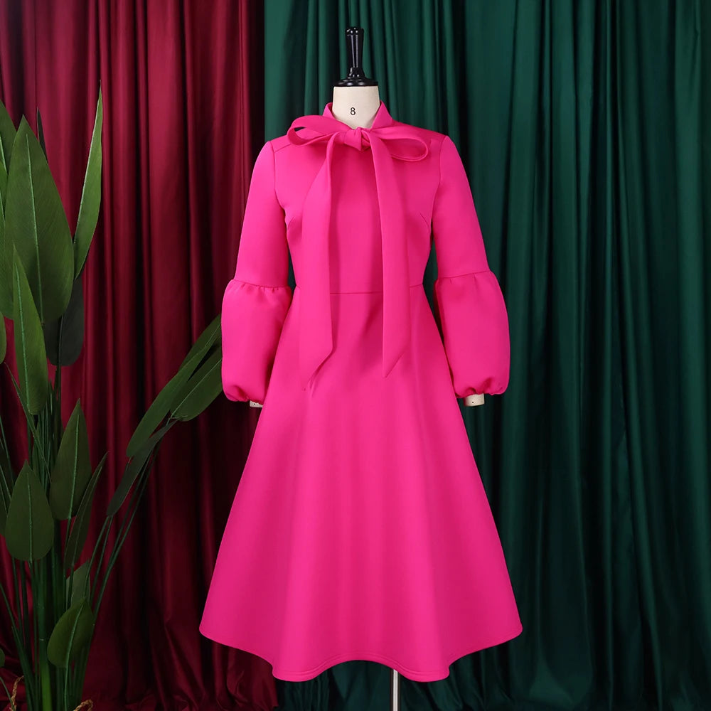 Elegant Dresses for Women Bow Collar Full Sleeve High Waisted A Line Mid Calf Luxury Female Birthday Party Dinner Vestidos Mujer