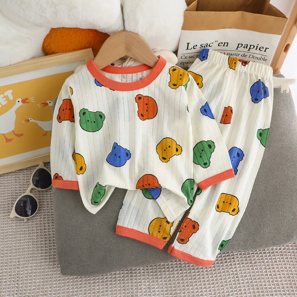 Spring Winter Kids Long Sleeve and Pants Pajamas Set Soft Breathable Baby Sleepwear Cartoon Bear AC Room Wear Boys Girls Clothes