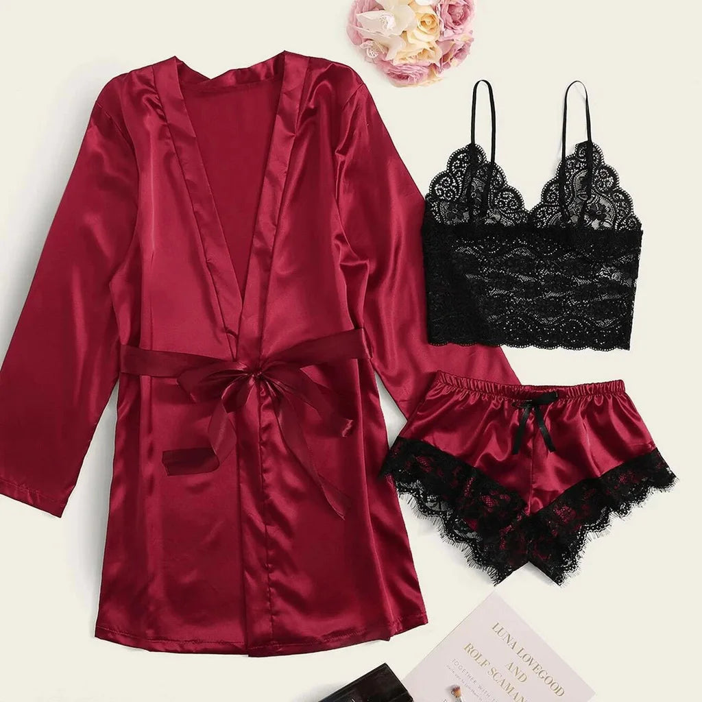 new Women's Sleep Lounge New Pajama Sets European American 4-piece set with lace satin suspender summer set for sleeping pajamas