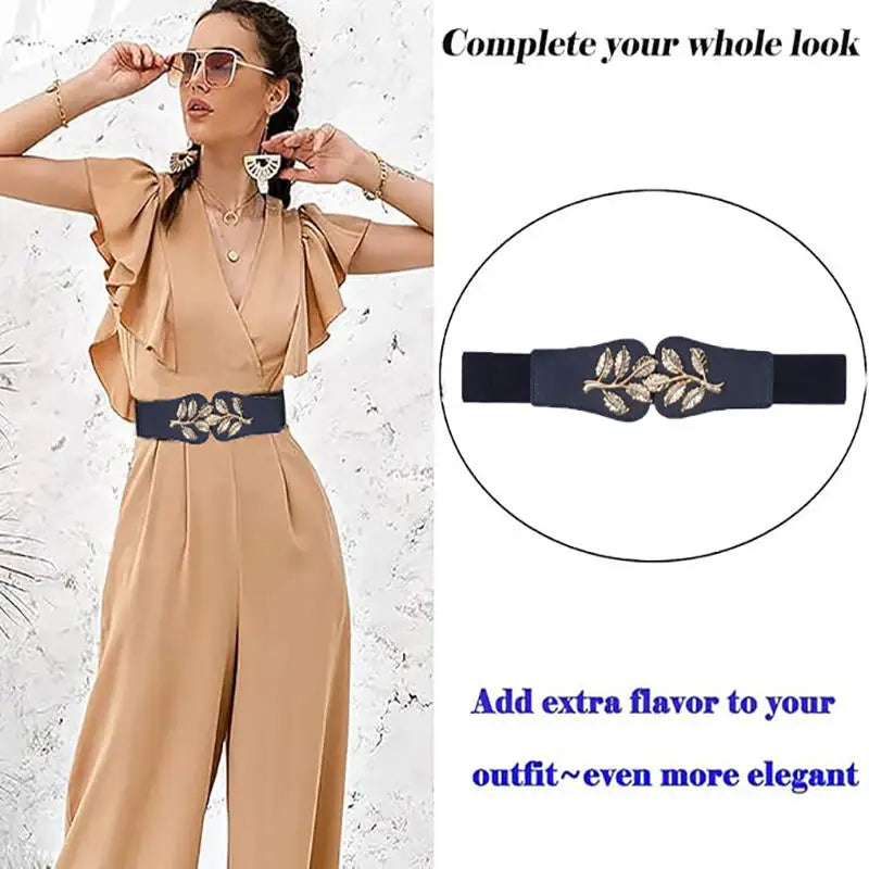 Women's Waist Cover Fashionable Gold Leaf Elastic Waist Closure With Double Hook Buckle Wide Belt Paired With Skirt Women Belt