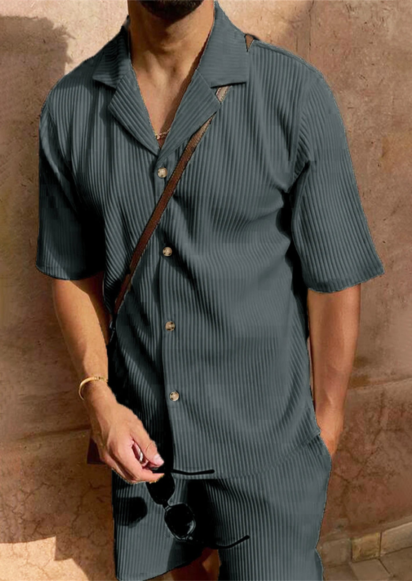 Spring/Summer suit Solid color corduroy shorts sleeve shirt and shorts stretch beach casual suit