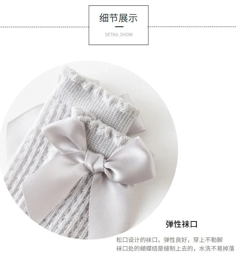 Simmer Spring Mesh Thin Cotton Korean Bow White Stockings Baby Princess Knee High Long Socks with Lace Ruffles for Newborn Girls