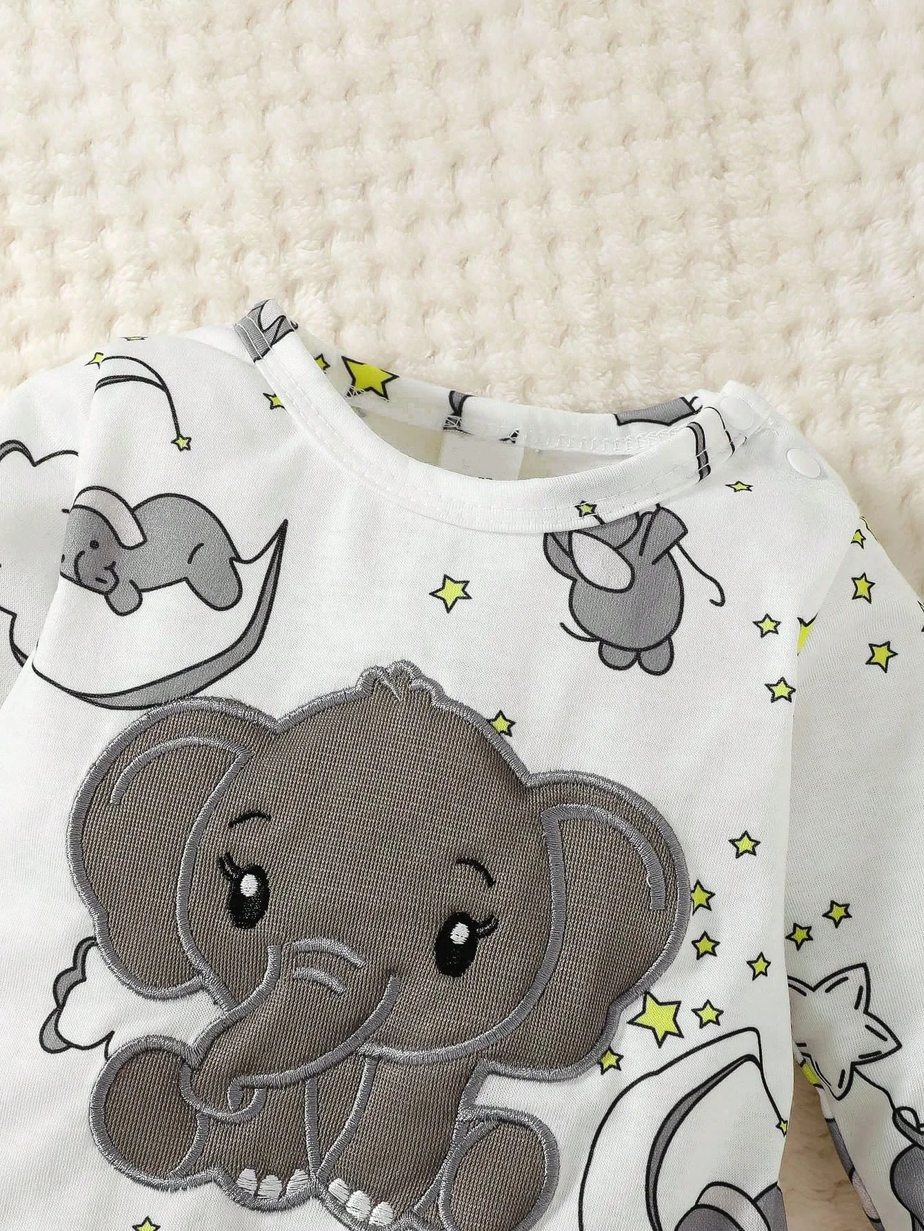 2pcs Baby Cute Cartoon Elephant Pattern Embroidery Long Sleeve Romper With Hat