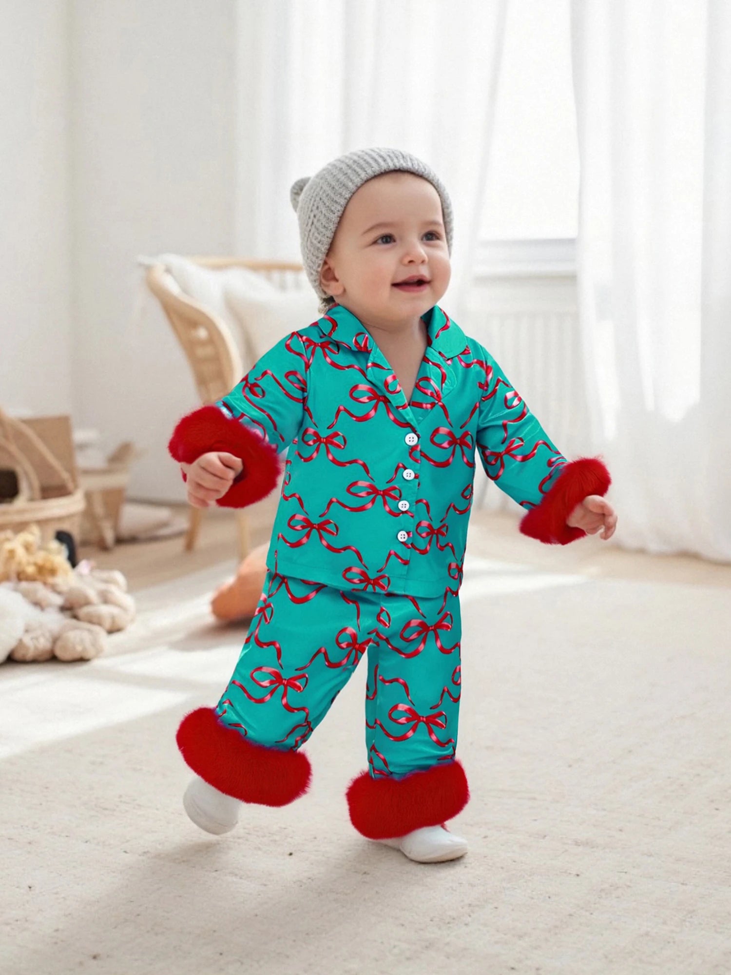 1-7T Baby Boy Girl Christmas Silk Pajamas Set Button Down Deer Santa Long Sleeve Shirts Tops and Pants Satin Pj Sets