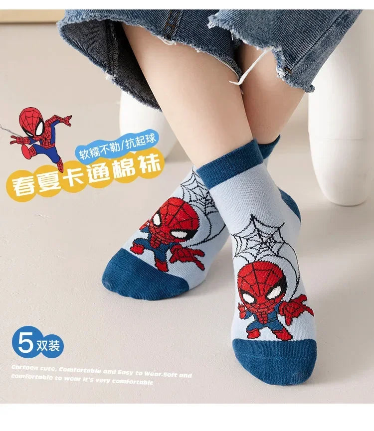 5 Pairs Spiderman Cotton Children's Socks iron Man Hulk Thor Anime kids Boys Short Socks Cartoon Baby Spring Summer Short Socks