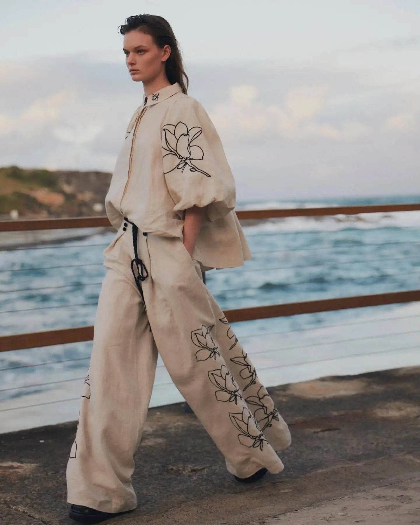 Women Lounge Sets Cotton Linen Stand Collar Lantern Sleeve Loose Flower Tops Wide Leg Oversize Pants Suit Casual Women Outfits