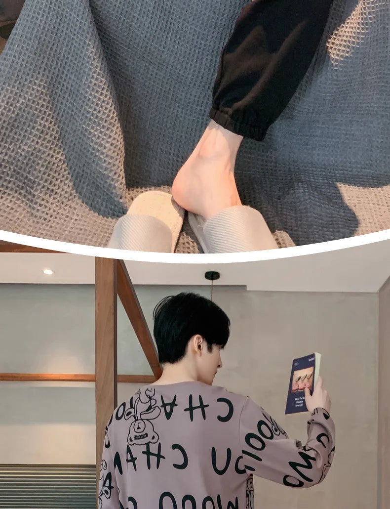 Plus Size Men Pajamas Autumn Winter Long-Sleeved Loose Leisure Cartoon Bear Striped 2PCS/Set Black O-Neck Soft Casual Loungewear