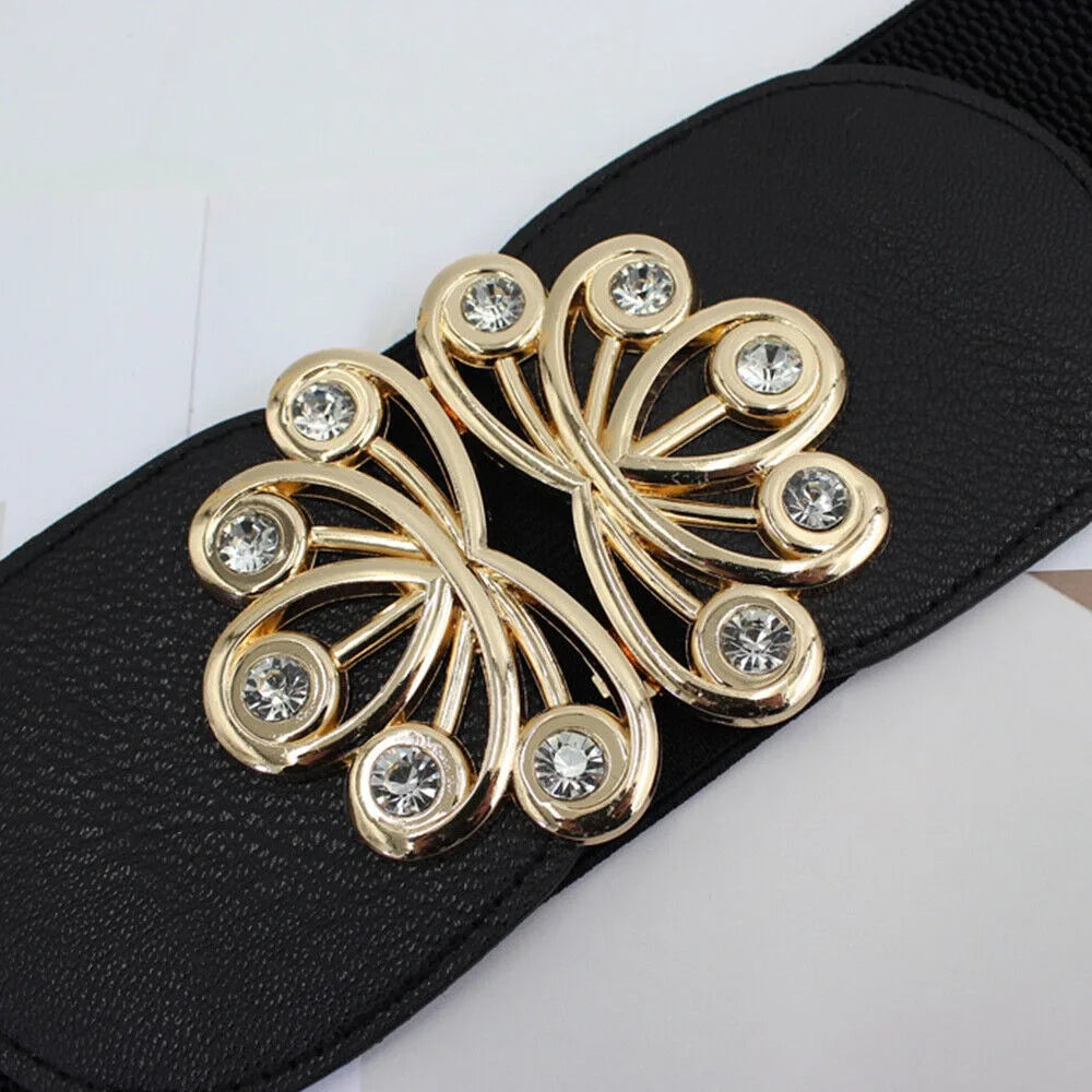 Big Size Black Stretch Corset Waistband Belt Cummerbands Rhinestone Metal Buckle