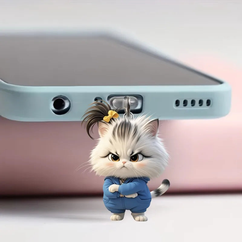 2D Flat Explosive Angry Kitten Acrylic Phone Dust Stopper for IPhone and Type C Charging Port Protectors Decorative Accessories