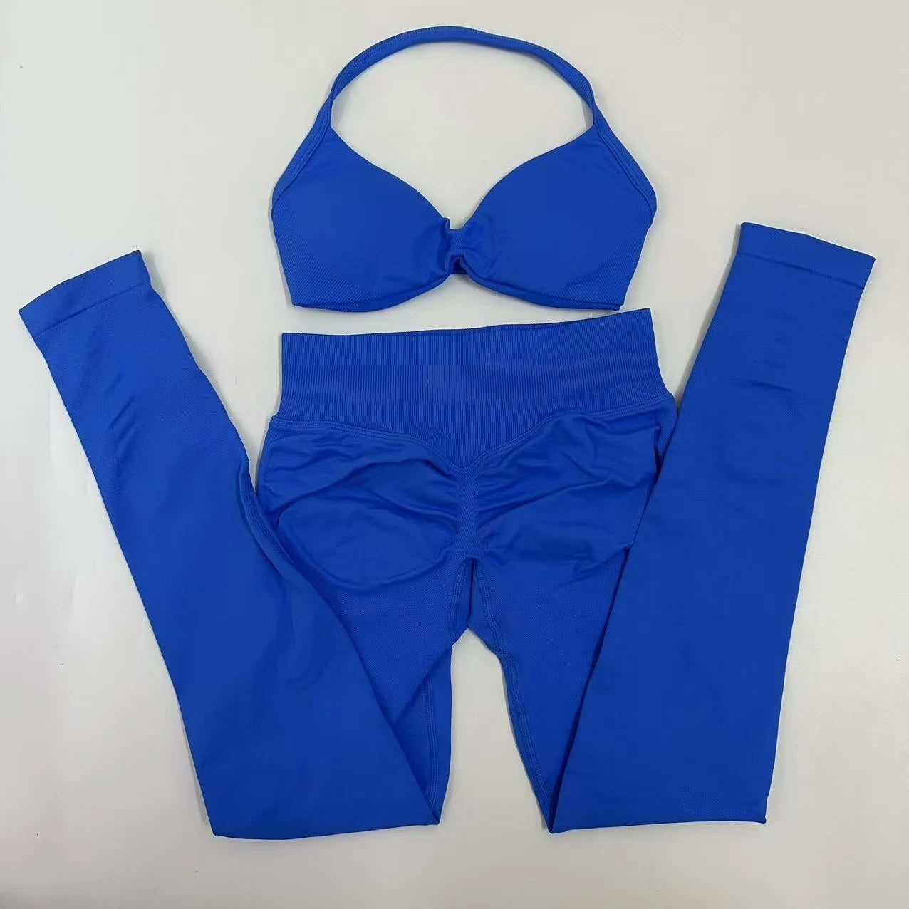 Seamlessyoga Set Women Workout Scrunch Leggings Set Strappy Halter Sports Bra Fitness Gym Clothing Workout Set 2 Pieces