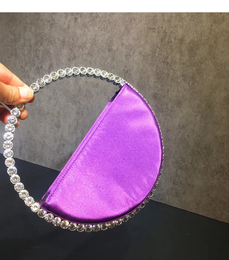 Lady Blue/Pink Diamond Circular Evening Bag Women Fushia Round Handle Rhinestone Dinner Clutch Purse Ladies Half Moon Handbags