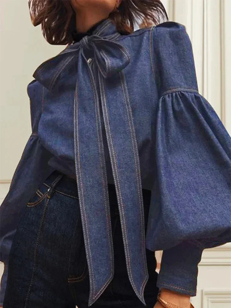 Beautyblue Elegant Women's Imitation Denim Blouse Tops Spring 2025 New Fashion Puff Sleeves Bow-Embellished Female Shirts S-3XL