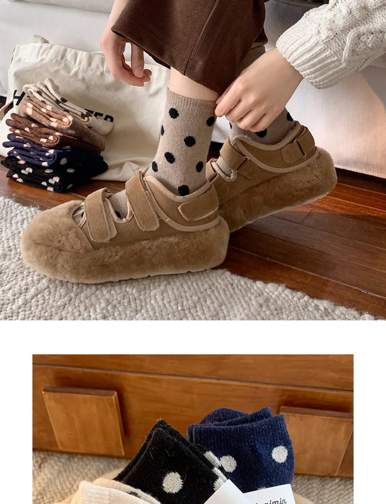 Socks for Women Autumn Winter Thick Warm with Polka Dot Black Maillard Velvet Coffee Mid-tube Socks