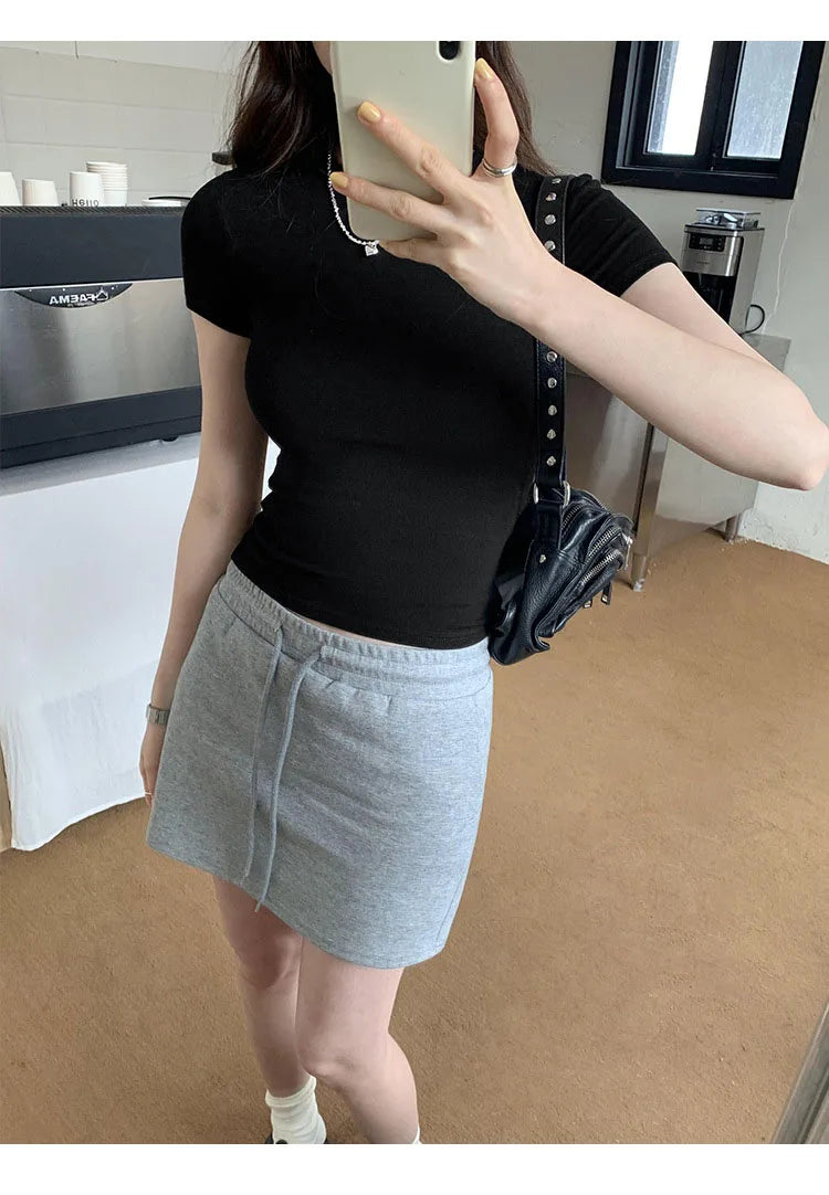 Women's Basic Solid Crop Top Short Sleeve Crewneck Skinny T-shirt Summer Casual Y2K Vintage Harajuku Streetwear