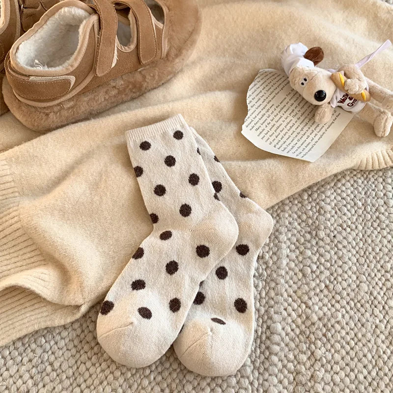 Socks for Women Autumn Winter Thick Warm with Polka Dot Black Maillard Velvet Coffee Mid-tube Socks