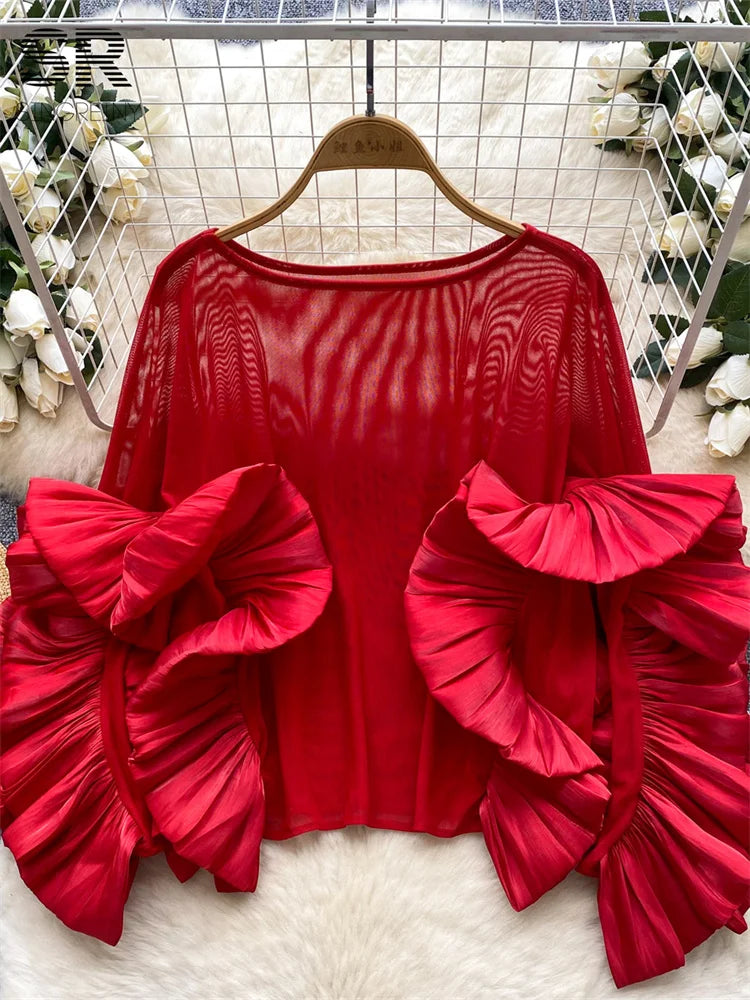 SINGREINY Autumn Ruffles Party Blouses Female O Neck Long Sleeves Temperament Mesh Shirts Women Senior Sheer Loose Thin Tops