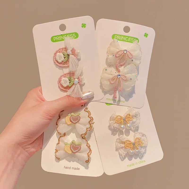 2PCS/Set Kids Headdress Sided Clips Lace Embroidery Flower Bow Hair Clips for Baby Girl Sweet Bowknot Princess Barrettes Hairpin