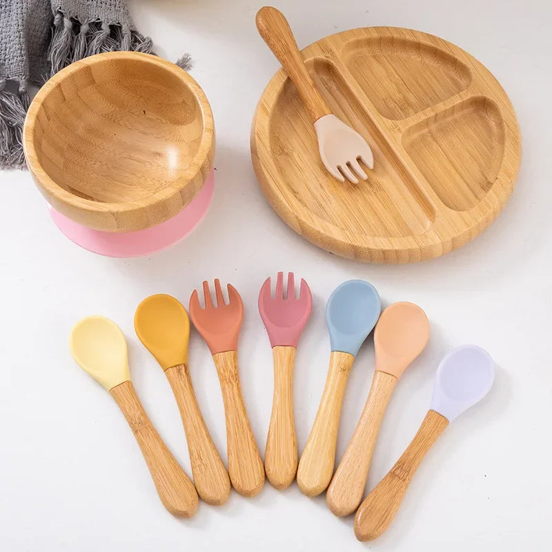 Spoons Baby Feeding Spoon Fork Wooden Handle Spoon Fork Set Soft Silicone Tip Spoon Fork BPA Free Food Grade Infant Toddlers