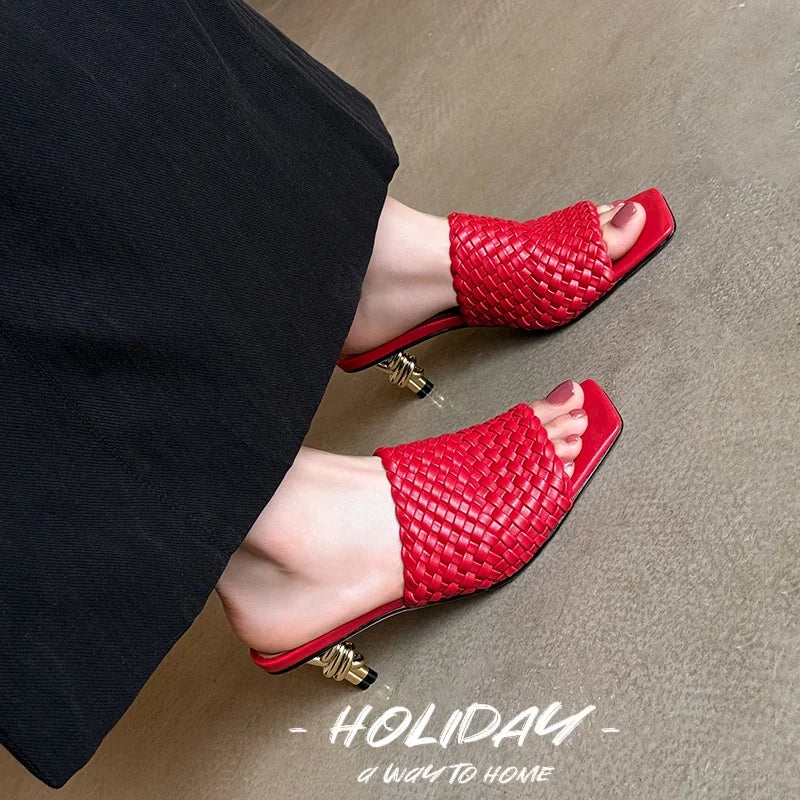 Summer Sandals Women Concise Style Slippers Weave Sandals for Girls Sexy Kitten Heel Elegant Dress Party Wedding  Sandalias