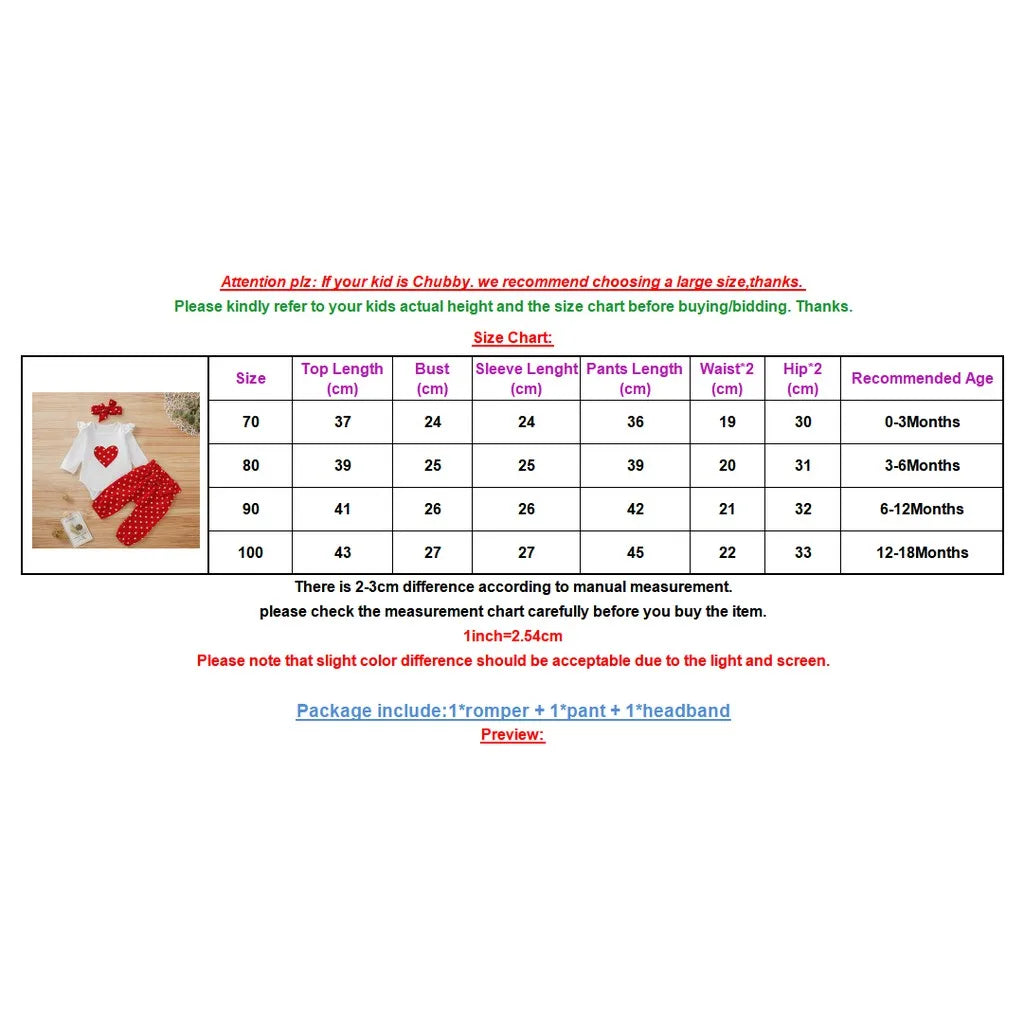 3PCS Newborn Baby Girl Clothes Set Love Heart Long Sleeve Romper+Pant+Headband Fashion Outfits for Toddler Girl 0-18 Months