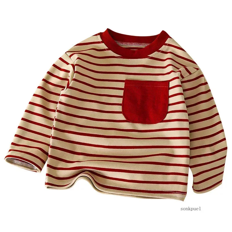 baby Striped Tshirt Boys Girls New Casual Loose Tees New Design Long Sleeve Solid Color Tops Keep Warm in Autumn and Winter