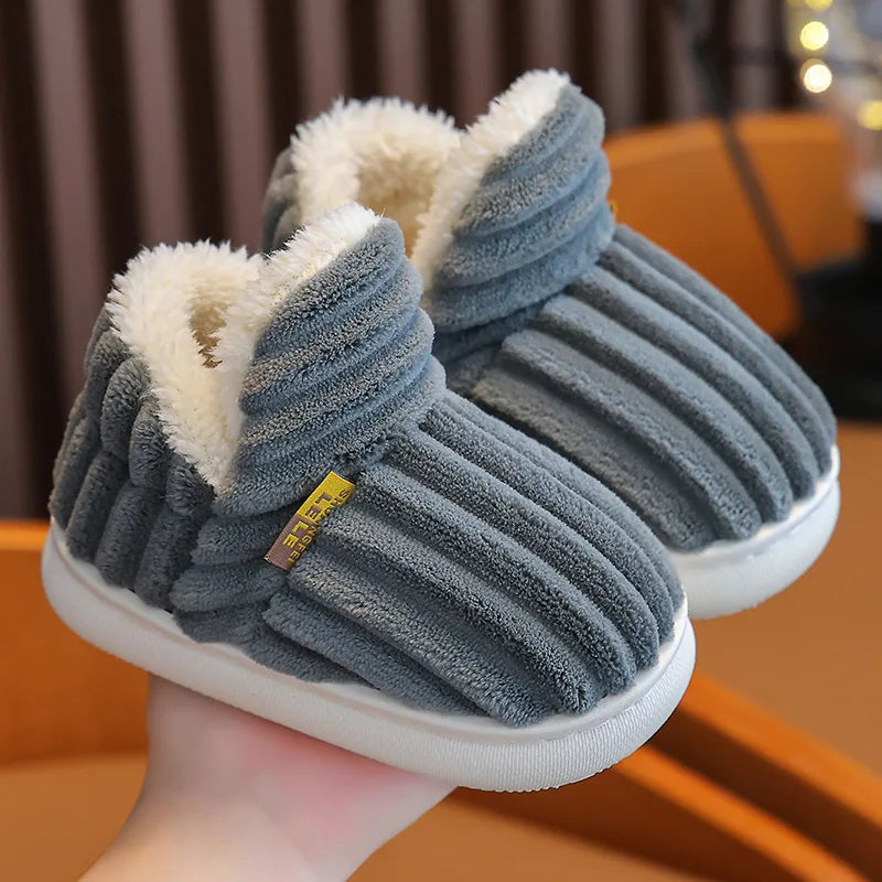Winter children's cotton slippers for boys and girls, anti slip and warm bags, and parent-child fuzzy and plush home baby cotton