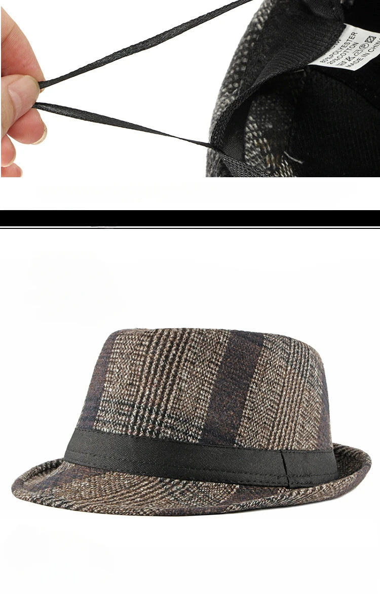Spring Summer New Vintage Checked Top Hat Men's Middle-aged and Elderly Woolen Gentleman's Hat Jazz Hat