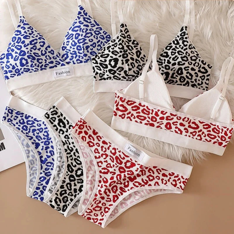 Women Seamless Bra Set Low Waist Panties Leopard Bralette Sexy Lingerie Set Vneck Sport Brassiere Female Cotton Underwear Set