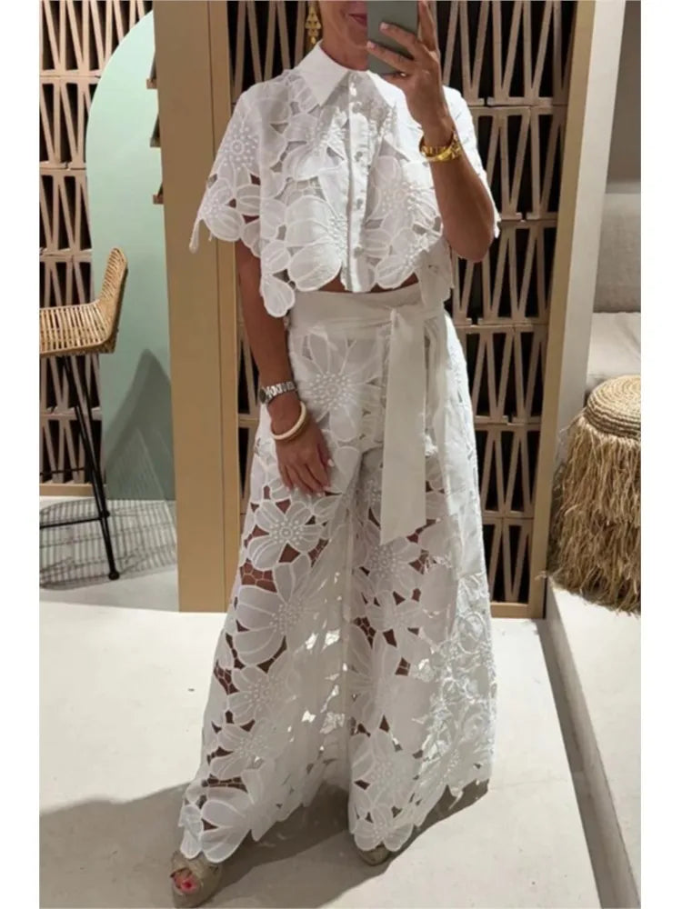 Elegant Women's Sets Sexy Lace Hollow Shirt Short Top + Wide-leg Pants Two Piece Set Women Suits Fashion Solid Color Sets Female