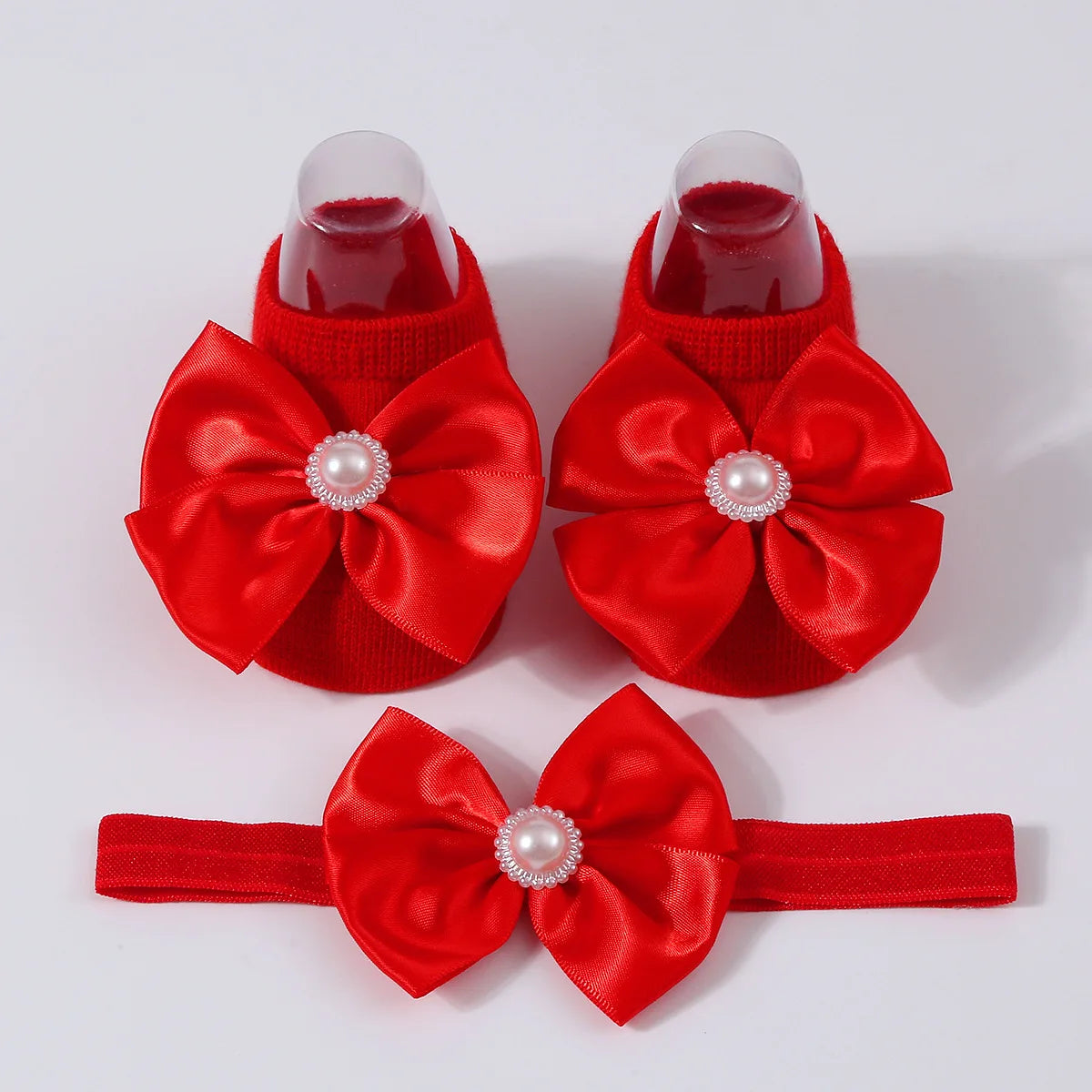 1Set New Baby Pearl Bowknot Headbands Socks Newborn Toddler Soft Prewalker Sock Girl Infant Cute Knitted Cotton Hairband Socks
