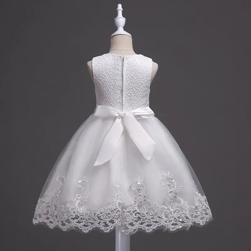 Infant Baby Flower Dress Toddler Girls Sleeveless Pearl Princess Pageant Birthday Lace Wedding Dress Children Formal Gown 6-24M