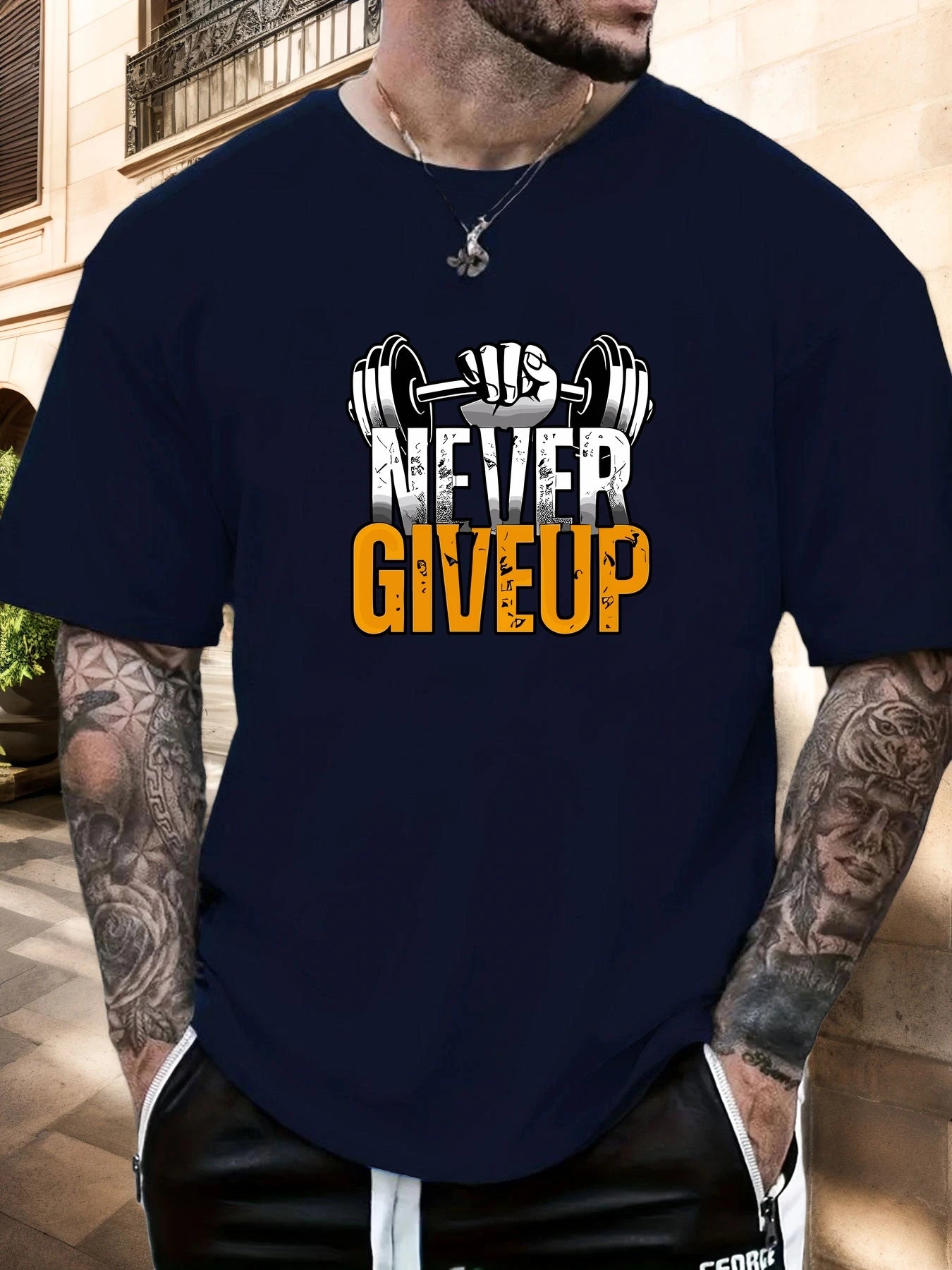 Men's Gym T-shirt Never Give Up Print Short Sleeve Soft Oversized Fitness Daily Wear