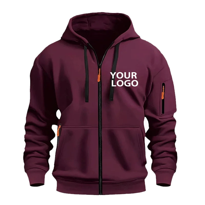 DIY Custom Logo Men's Casual Sports Hoodie Full-Zip Pocket Sweatshirt Fashion Arm Pocket Outdoor Long-Sleeve Pullover Hoodie